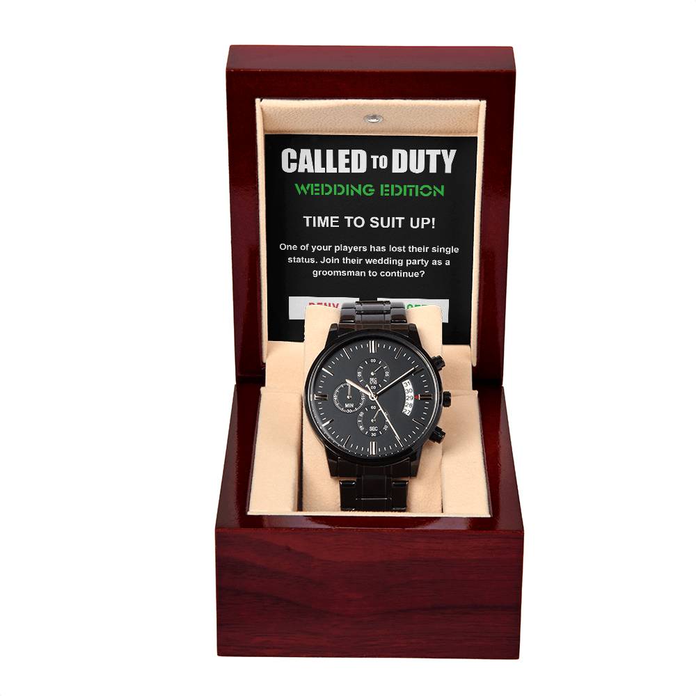 Best Gift for Groomsman 'Called To Duty' Black Metal Chronograph Watch